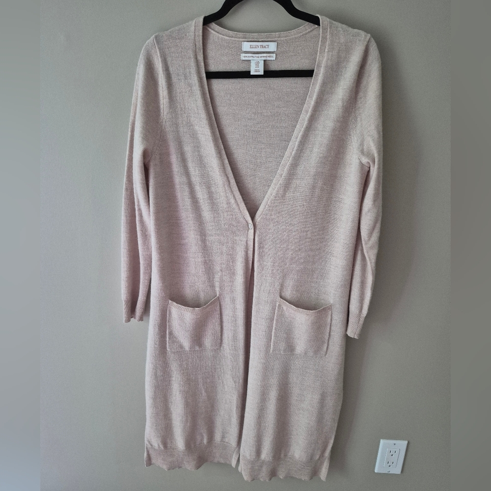 Ellen Tracy Cream Long Line Merino Wool Fine Knit Cardigan Sweater Medium M
